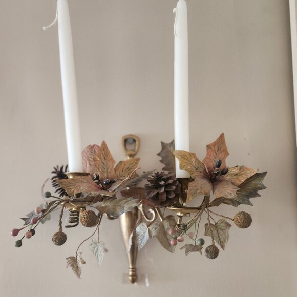 Pair of  Brass Double-Arm Colonial Wall-Sconces Candle Holders  w/added decor - Picture 5 of 8